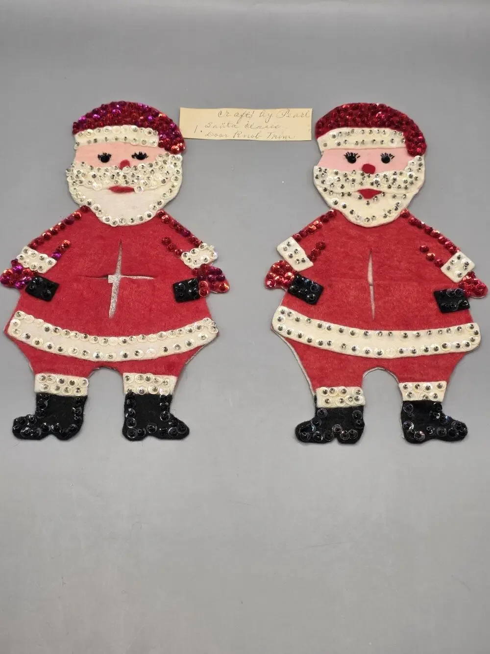Vtg Mid Century Handmade Felt Sequin Santa Claus Door Knob Cover Hanger Pair